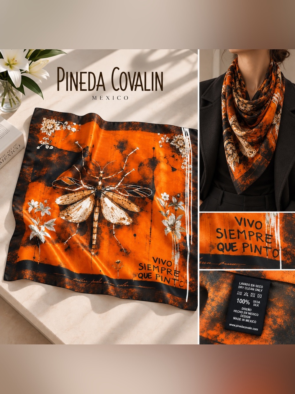 Pineda Covalin 100% Silk Scarf Orange Black Dragonfly Floral Mexico